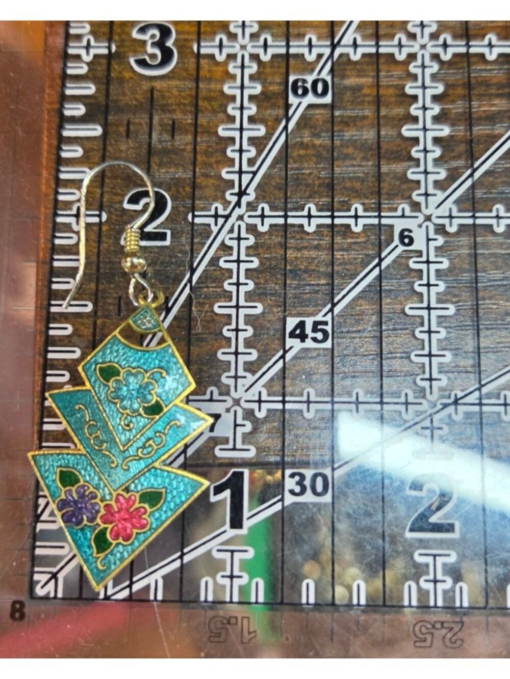 Vtg Zig-Zag Pyramid Floral Cloisonné Dangling Earrings 1980's Teal & Gold Tone - Picture 4 of 12
